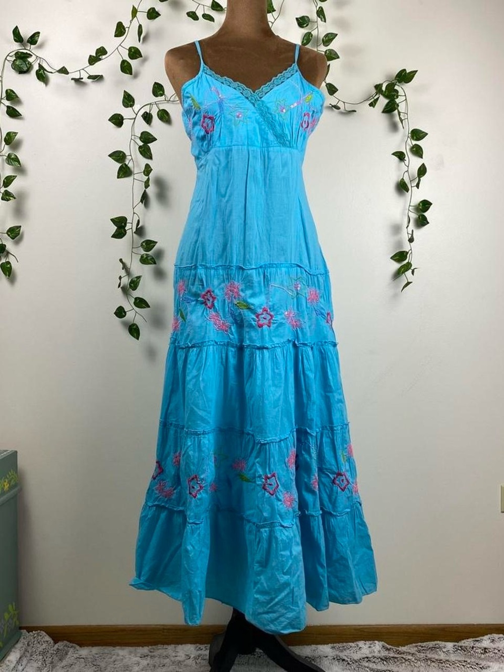 Vintage Elan size L Embroidered cotton maxi dress sequin 90’s 80’s mermaid fairy